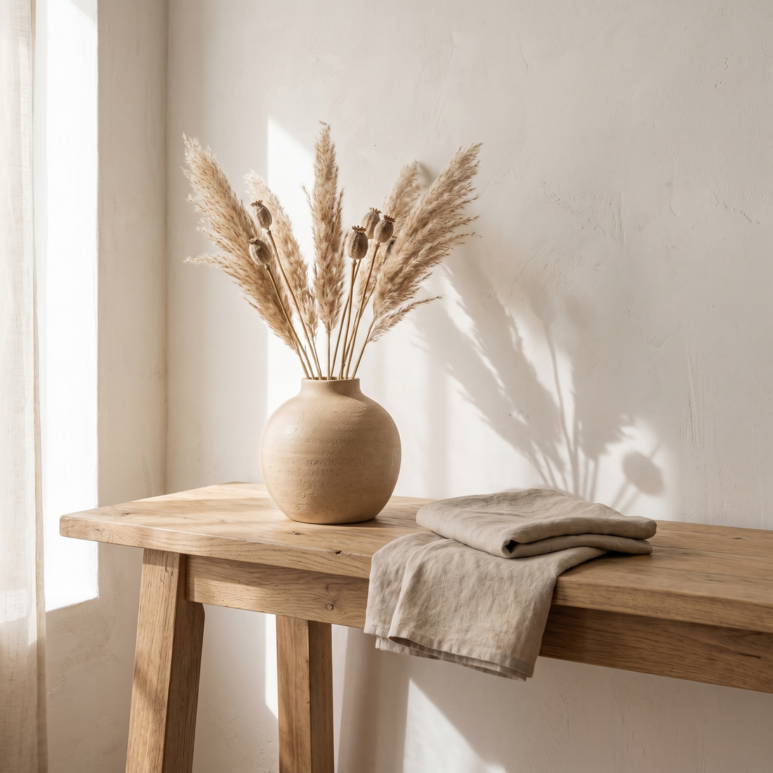 An arched wall mirror hanging above a console table