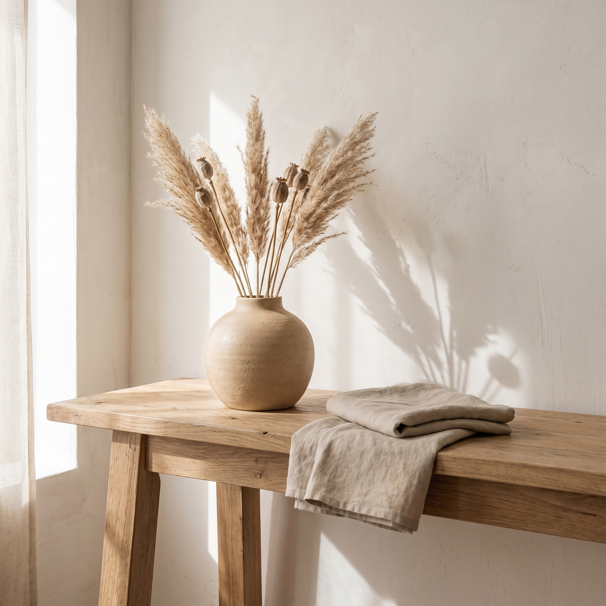 An arched wall mirror hanging above a console table