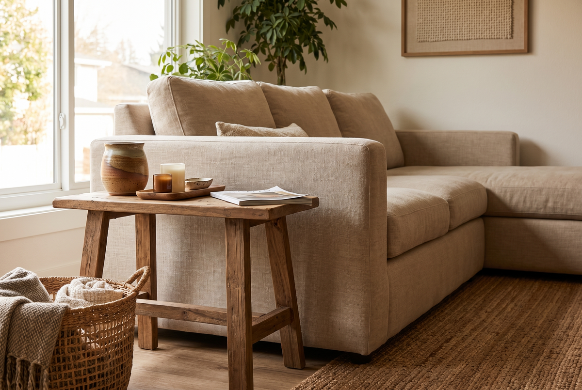 A coffee table set in front of a sofa in a styled living room