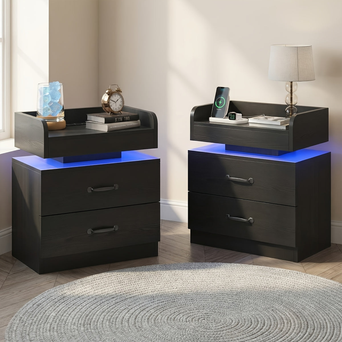 Wren LED nightstand with drawers and a built in charging station