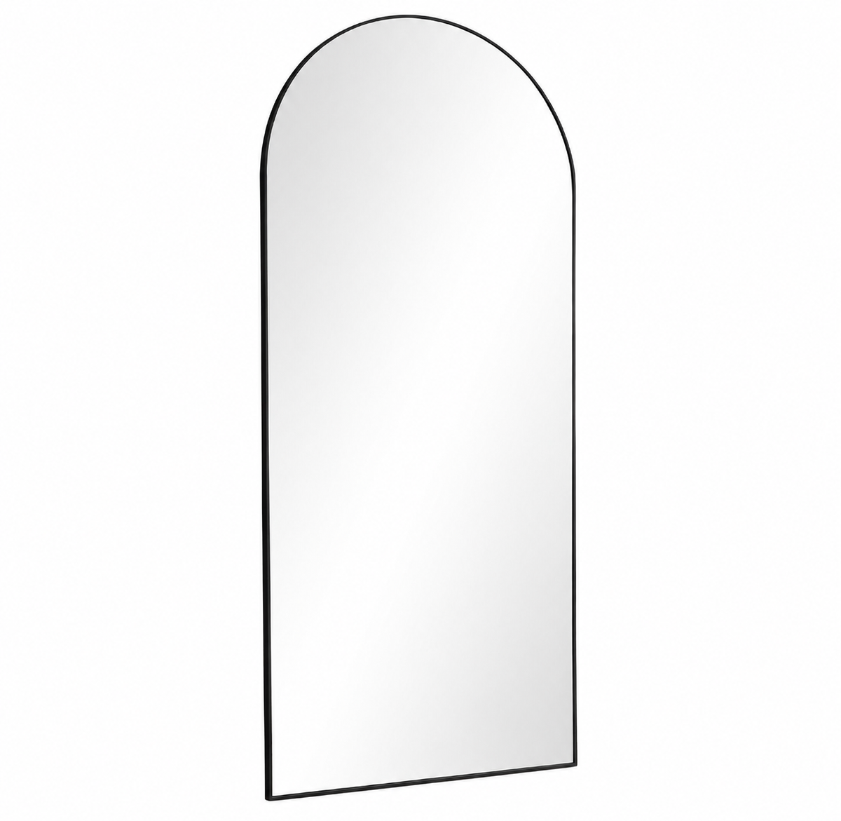 Aurella arched floor mirror shown full length in a bedroom
