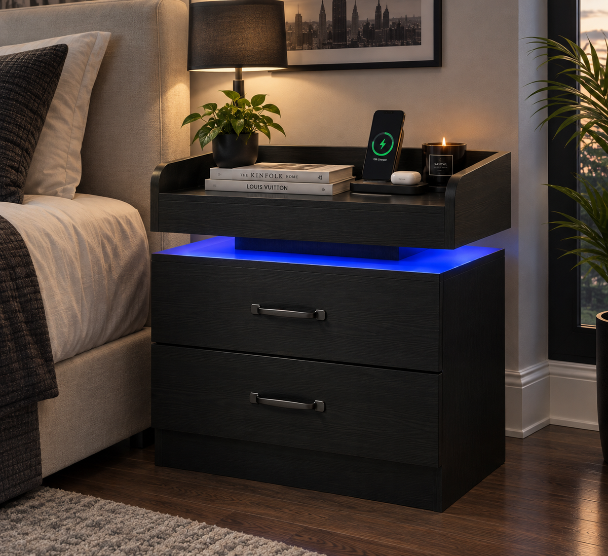 Wren LED nightstand close view of the charging surface