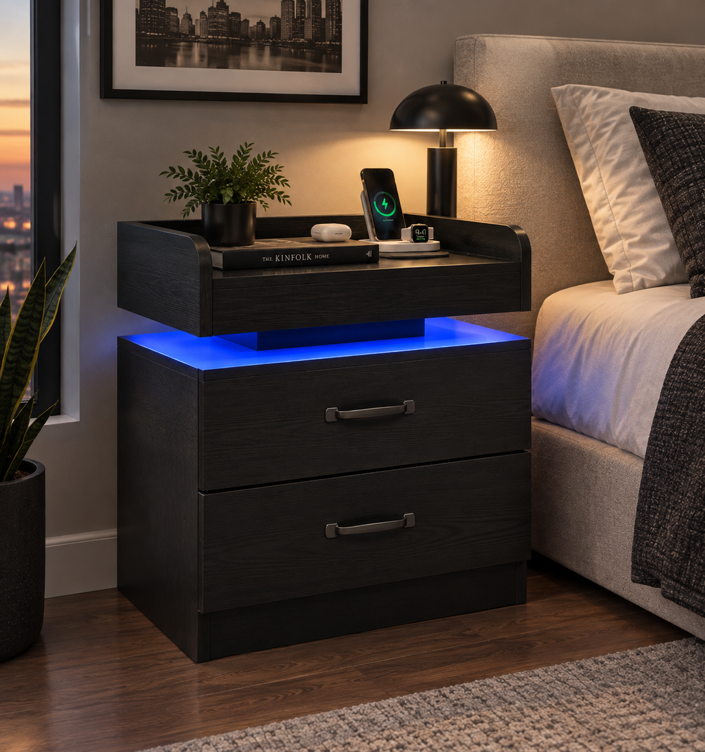 Wren LED nightstand with the drawer open