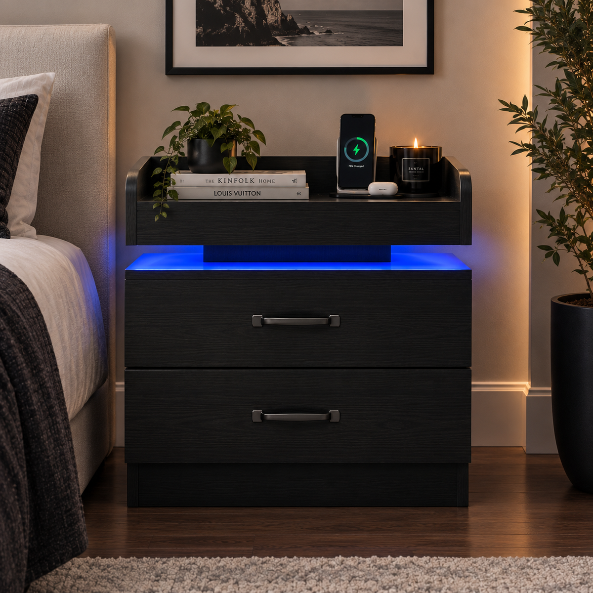 Wren LED nightstand shown beside a bed