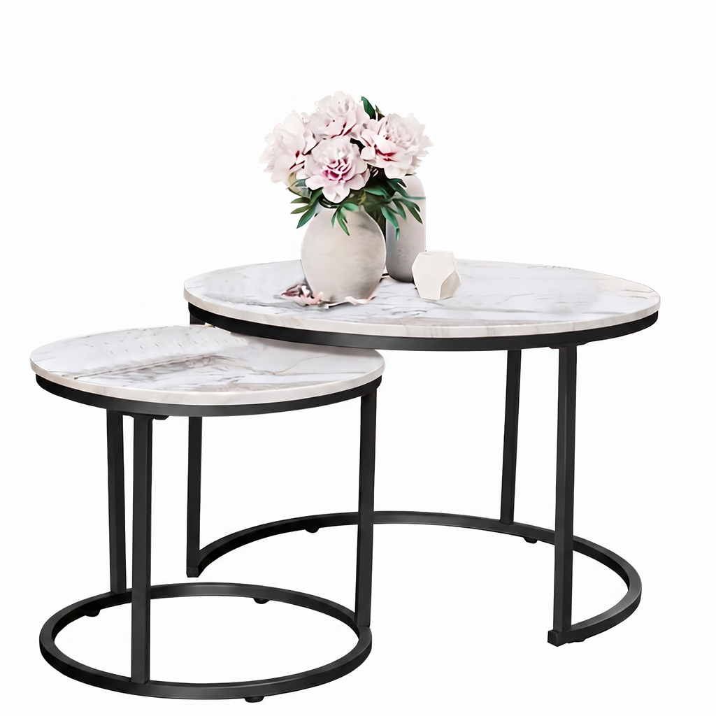 Marlowe white round nesting side tables on a white background