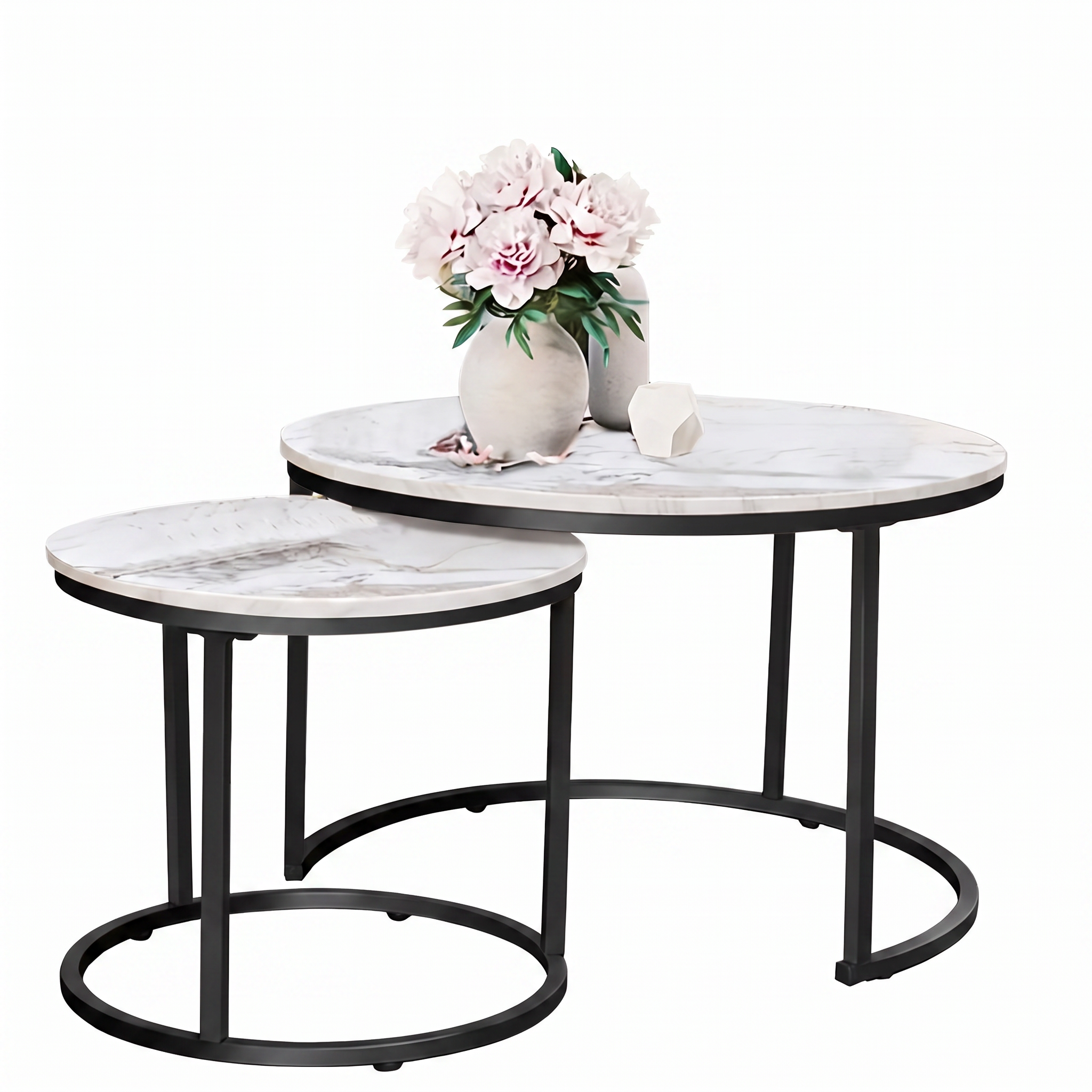 Marlowe white round nesting side tables on a white background