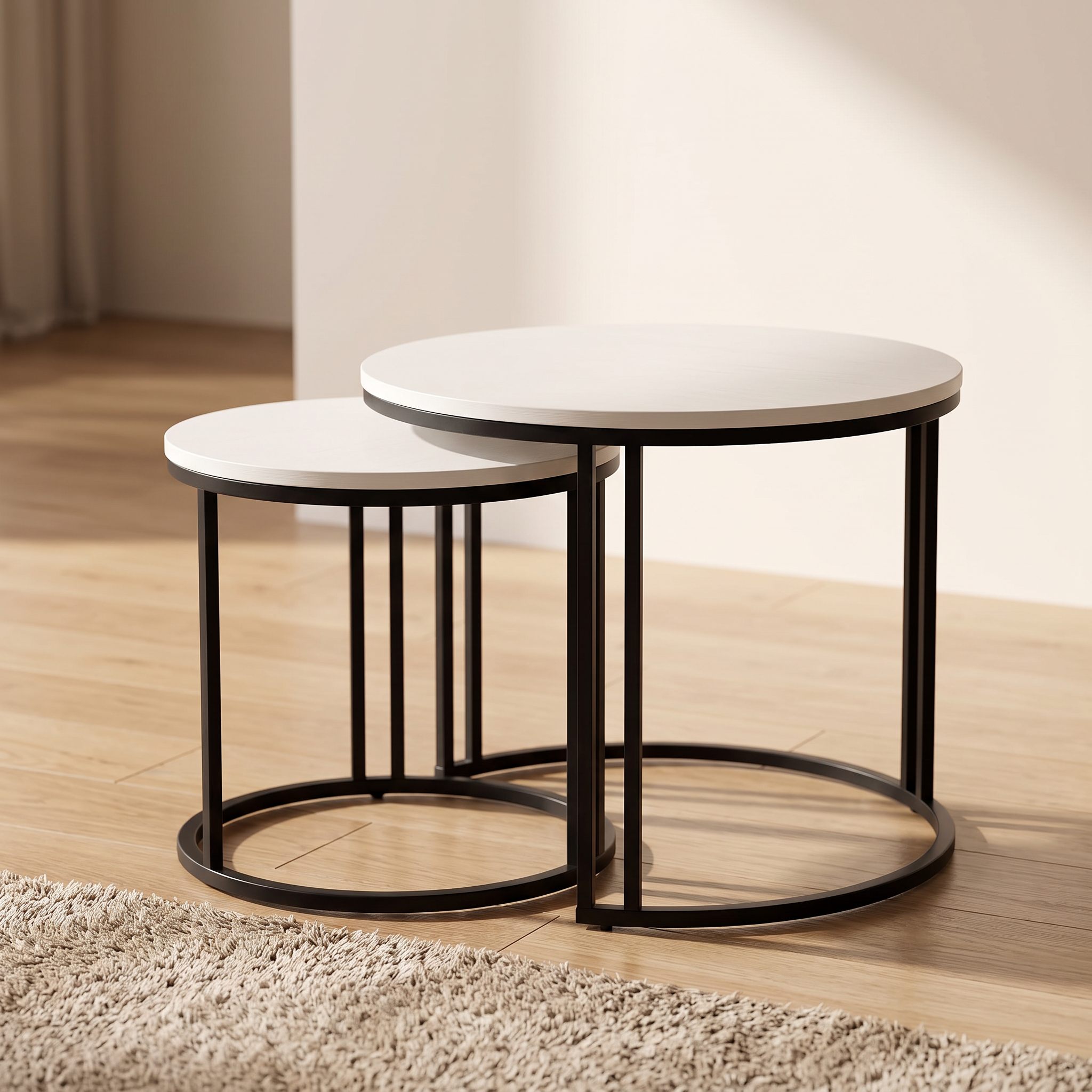 Marlowe nesting tables close view on light oak flooring
