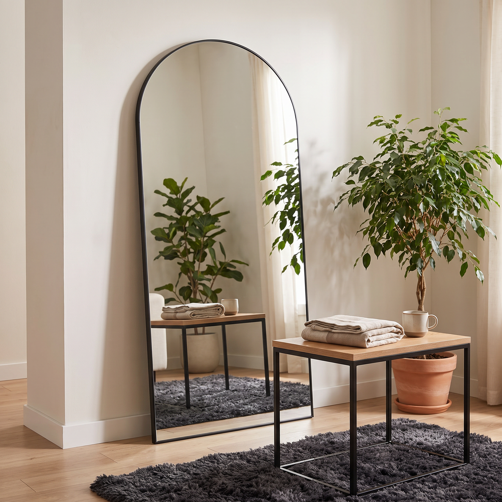Aurella mirror leaning in an entryway beside a plant