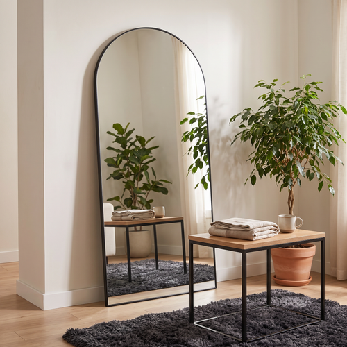 Aurella mirror leaning in an entryway beside a plant
