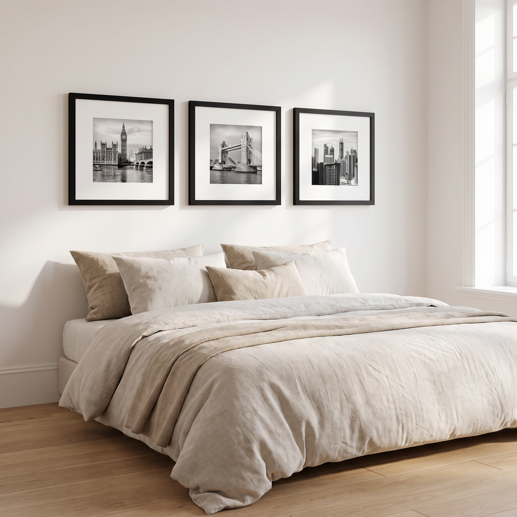 Lindra frames in a row above a bed