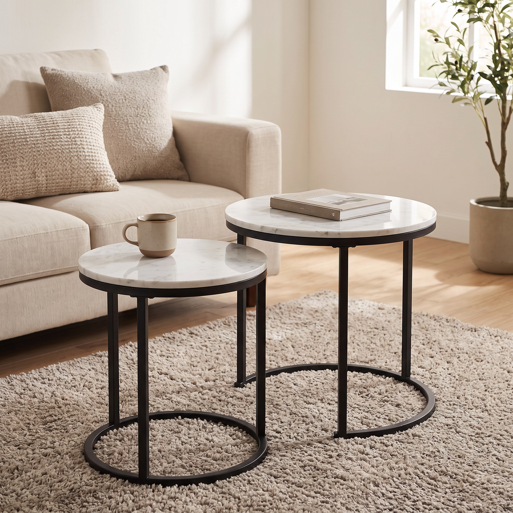 Marlowe nesting tables pulled apart around a seating group