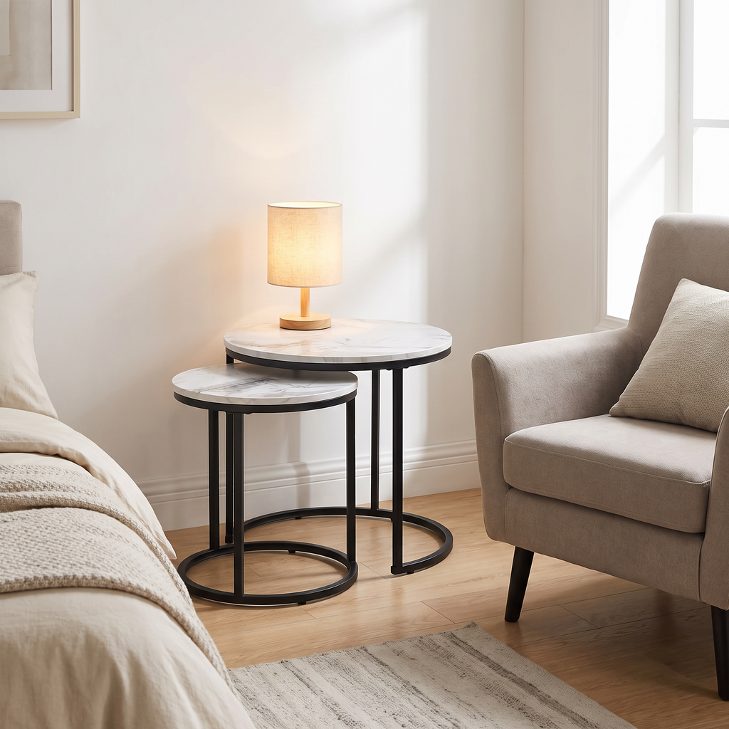 Marlowe nesting table in a bedroom corner with a lamp