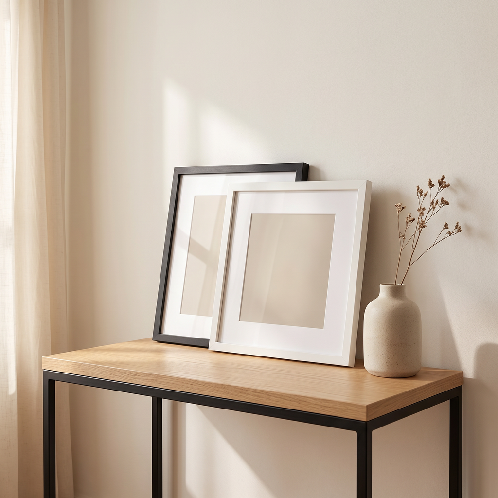 Lindra frames leaning on a light oak shelf