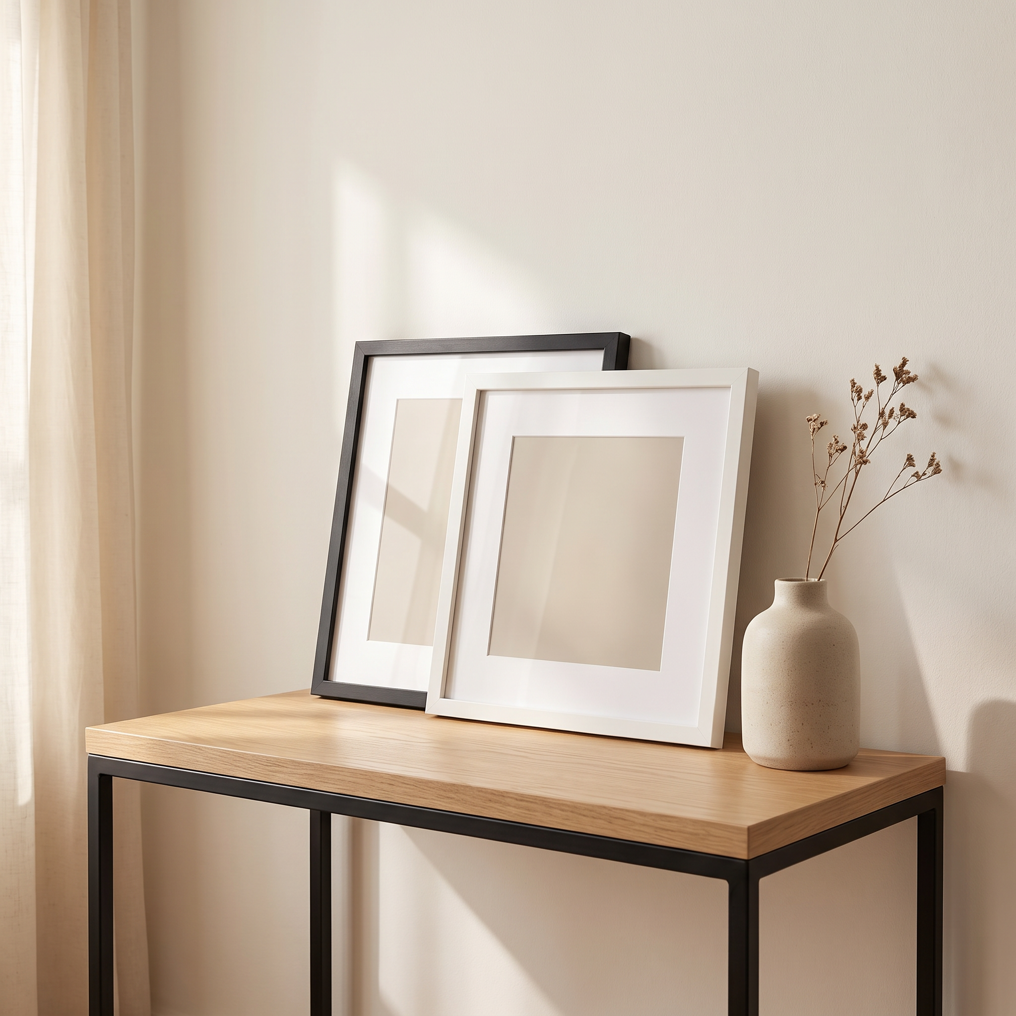 Lindra frames leaning on a light oak shelf