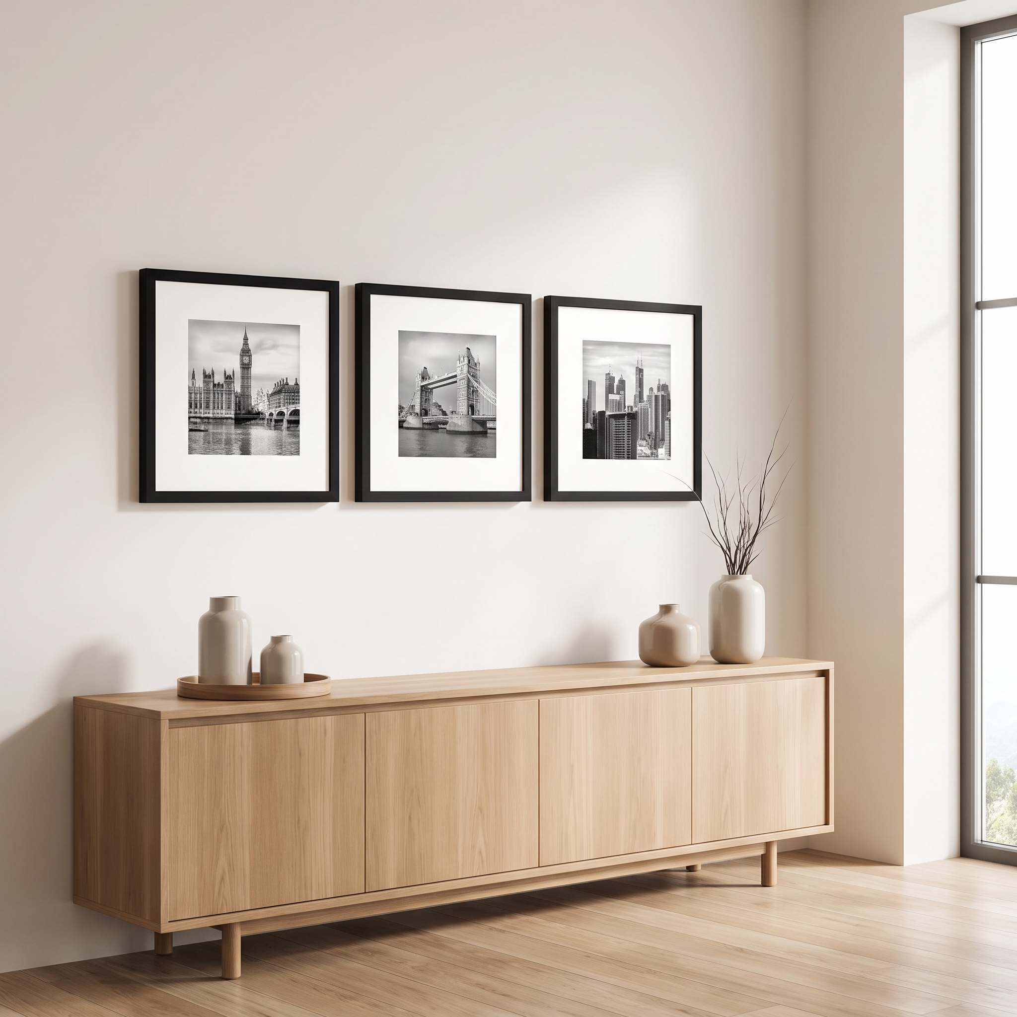 Lindra frames hung as a gallery cluster above a sideboard