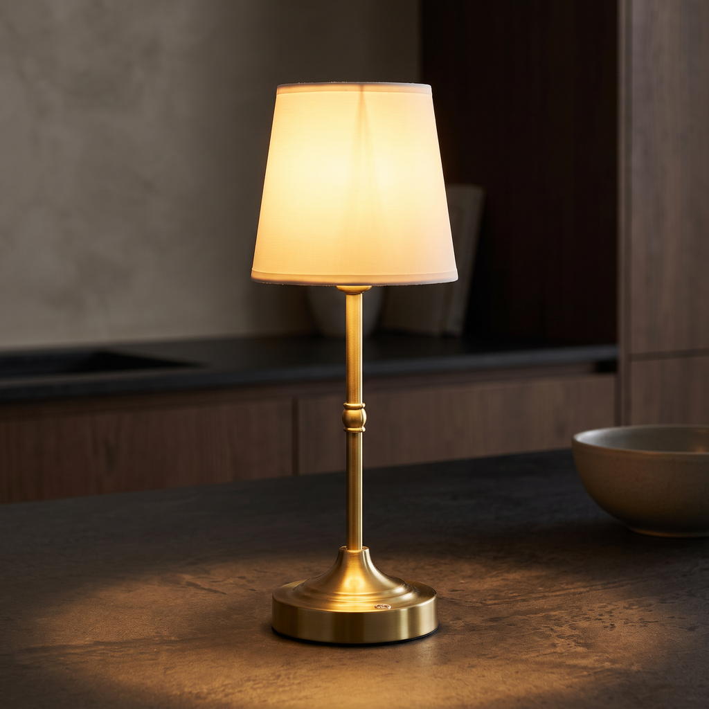 Lumina lamp casting a warm pool of light on a counter