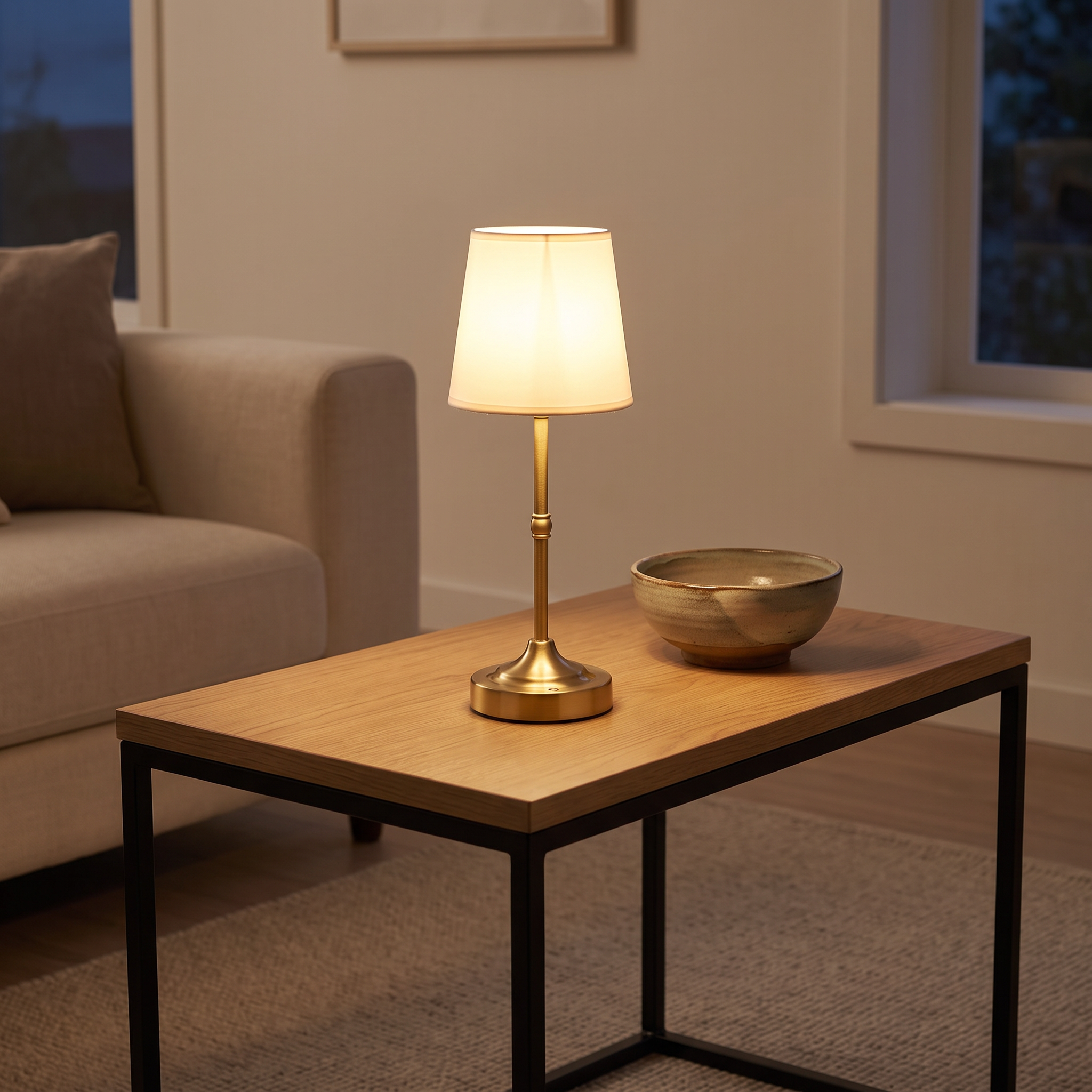 Lumina lamp on a dining table at dusk