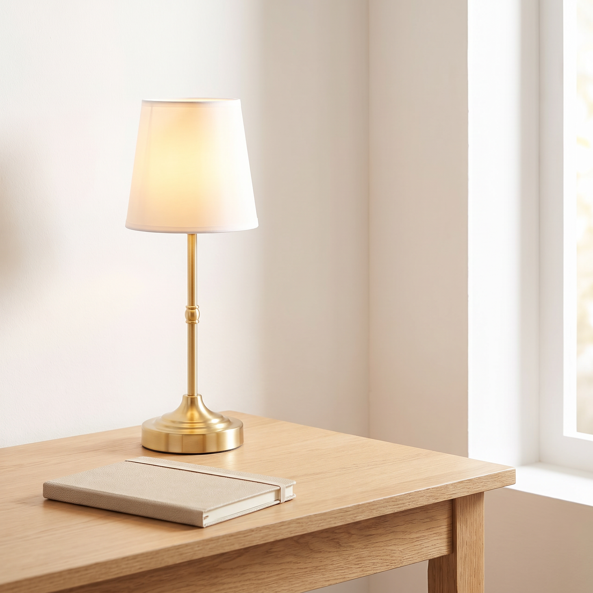Lumina lamp on a desk beside a notebook