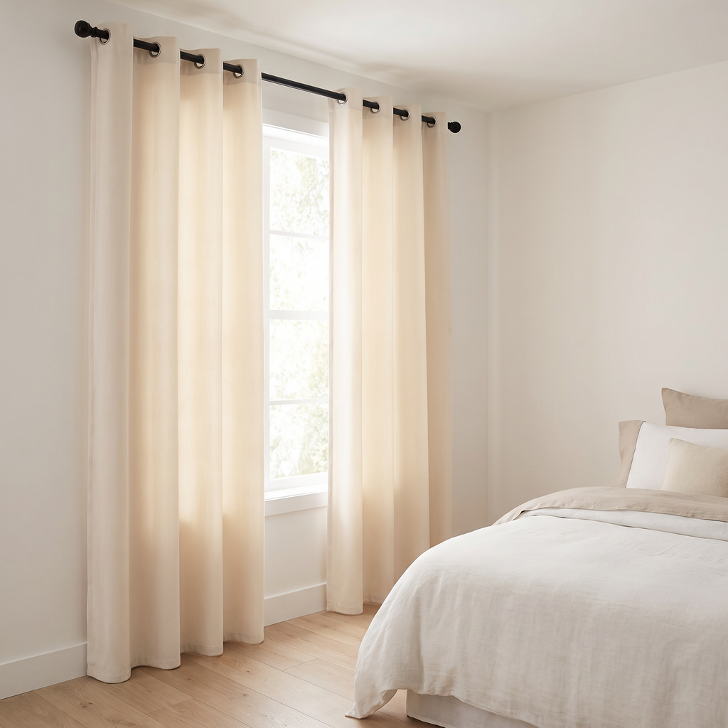 Verona velvet curtains hanging full length at a bedroom window