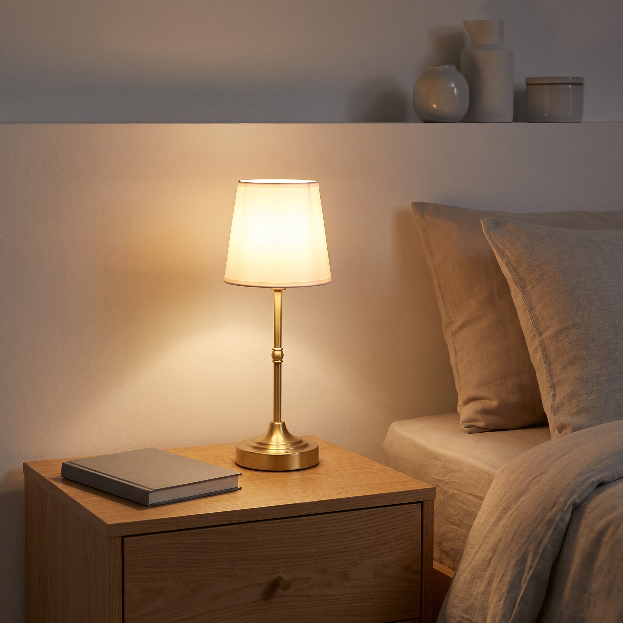 Lumina lamp glowing on a nightstand beside a book
