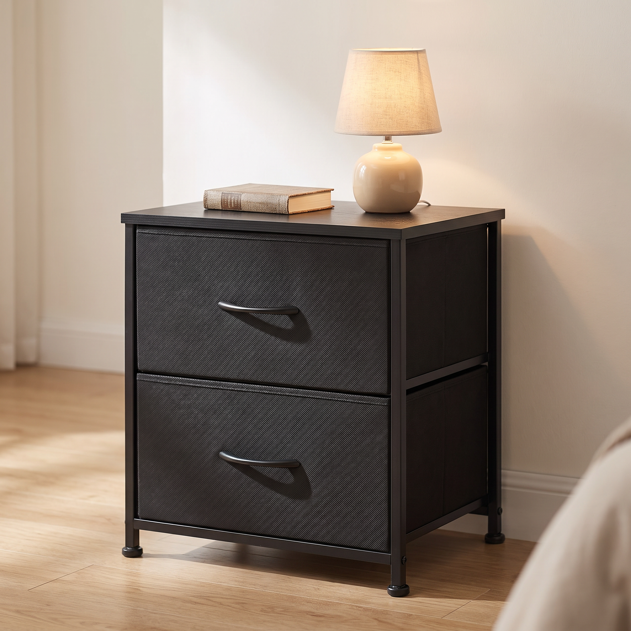 Halden nightstand close view with a lamp and a book on top