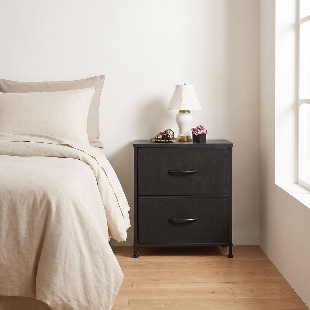 Halden nightstand beside a bed with linen bedding