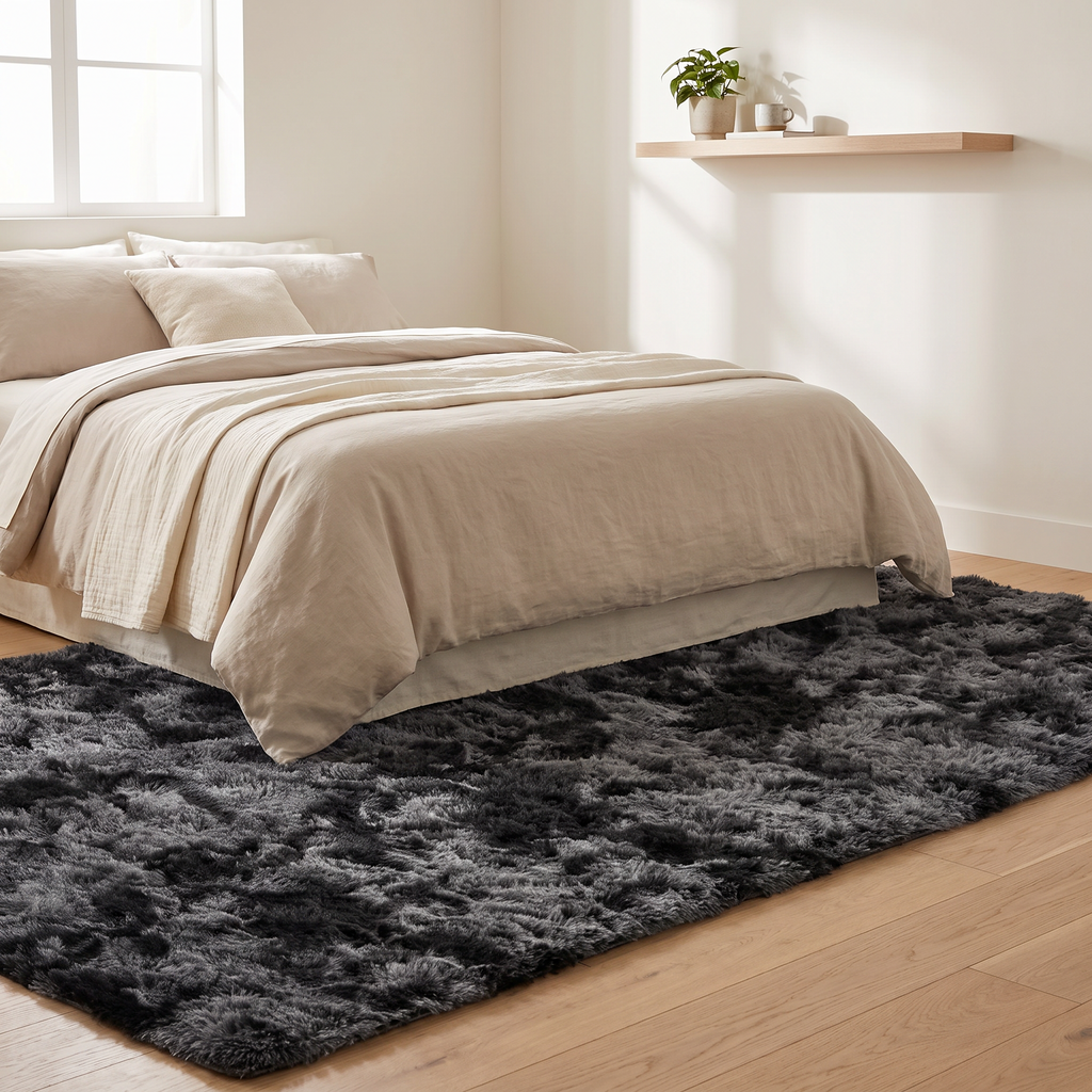 Sable rug beside a bed in a warm bedroom