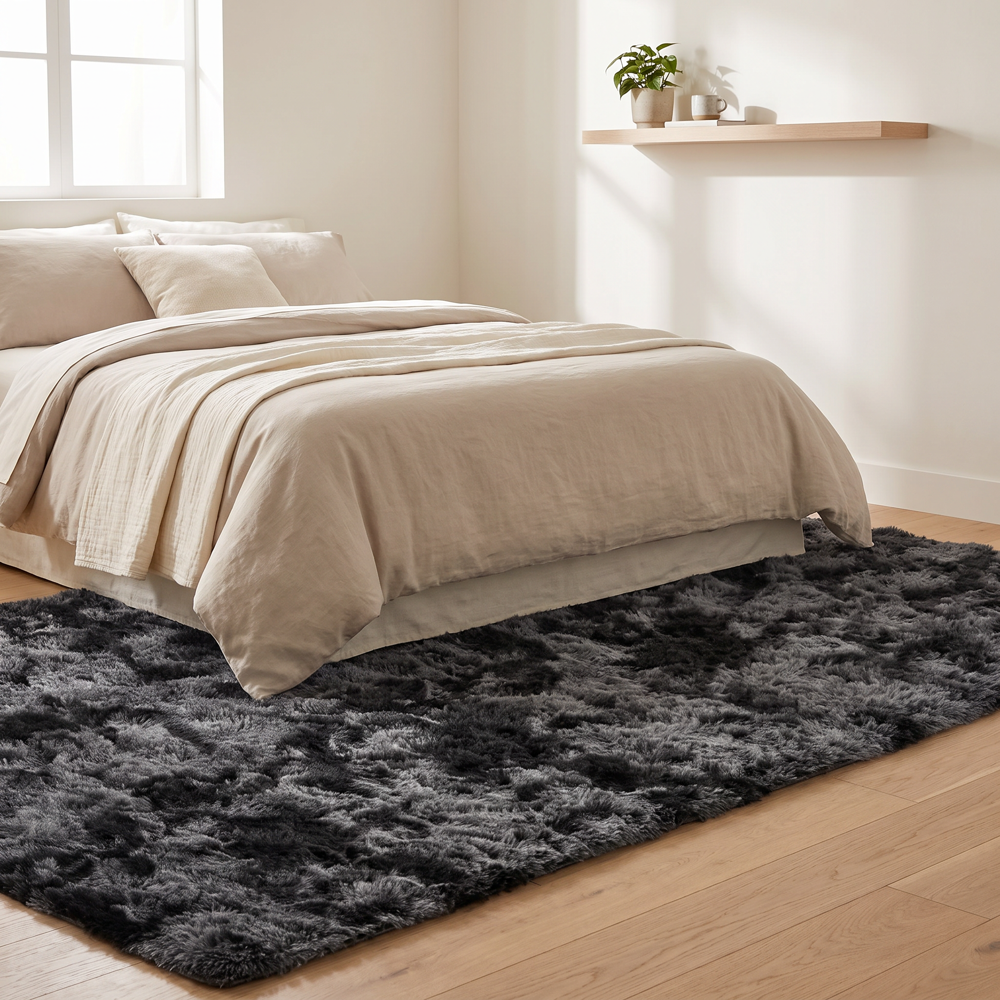 Sable rug beside a bed in a warm bedroom