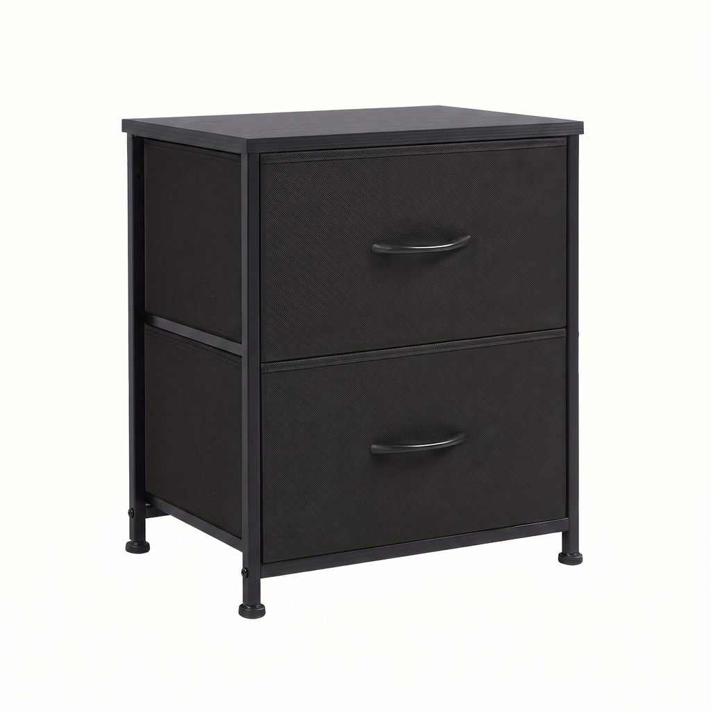 Halden two drawer fabric bin nightstand on a white background
