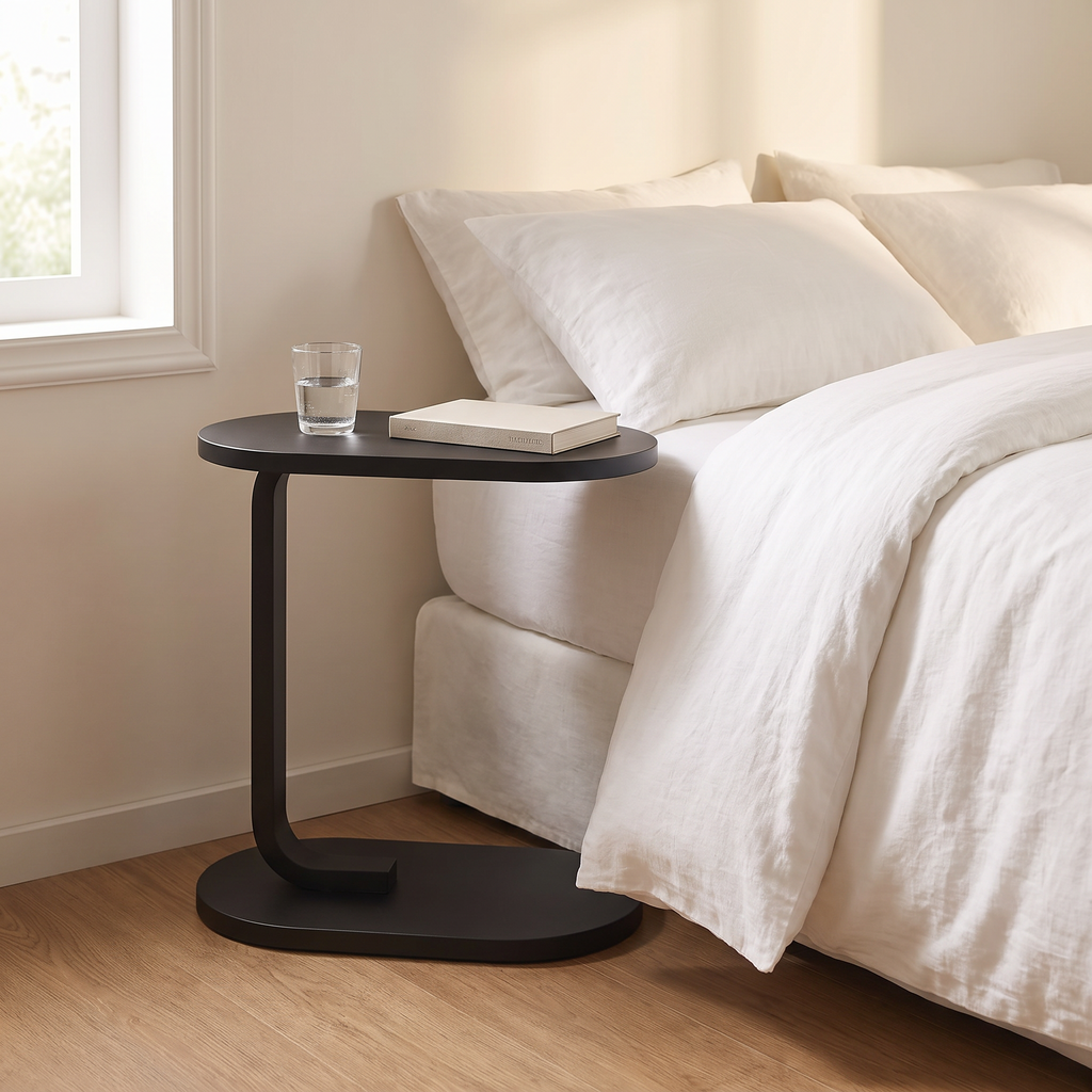 Aldon side table beside a bed with a book and a glass