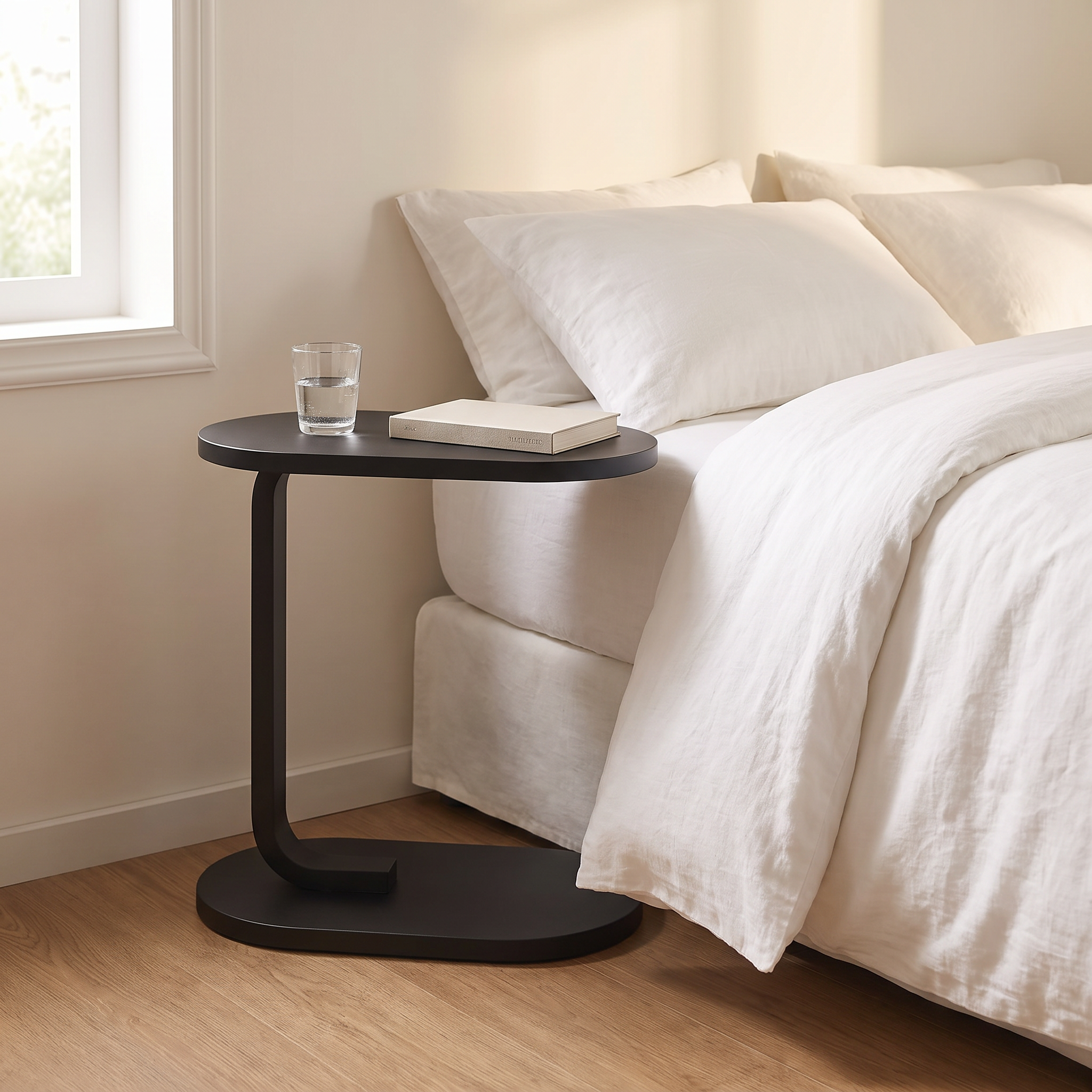 Aldon side table beside a bed with a book and a glass