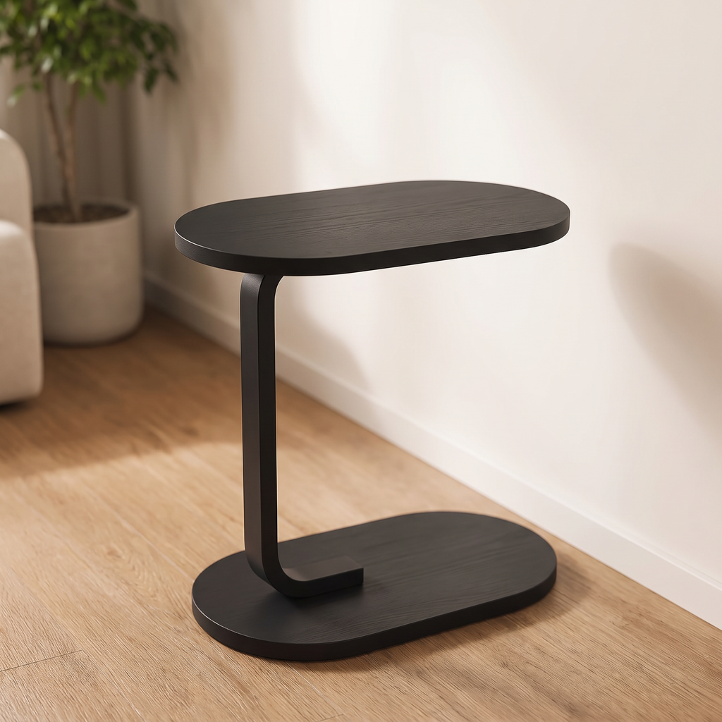 Aldon side table close view showing the wood top and metal frame
