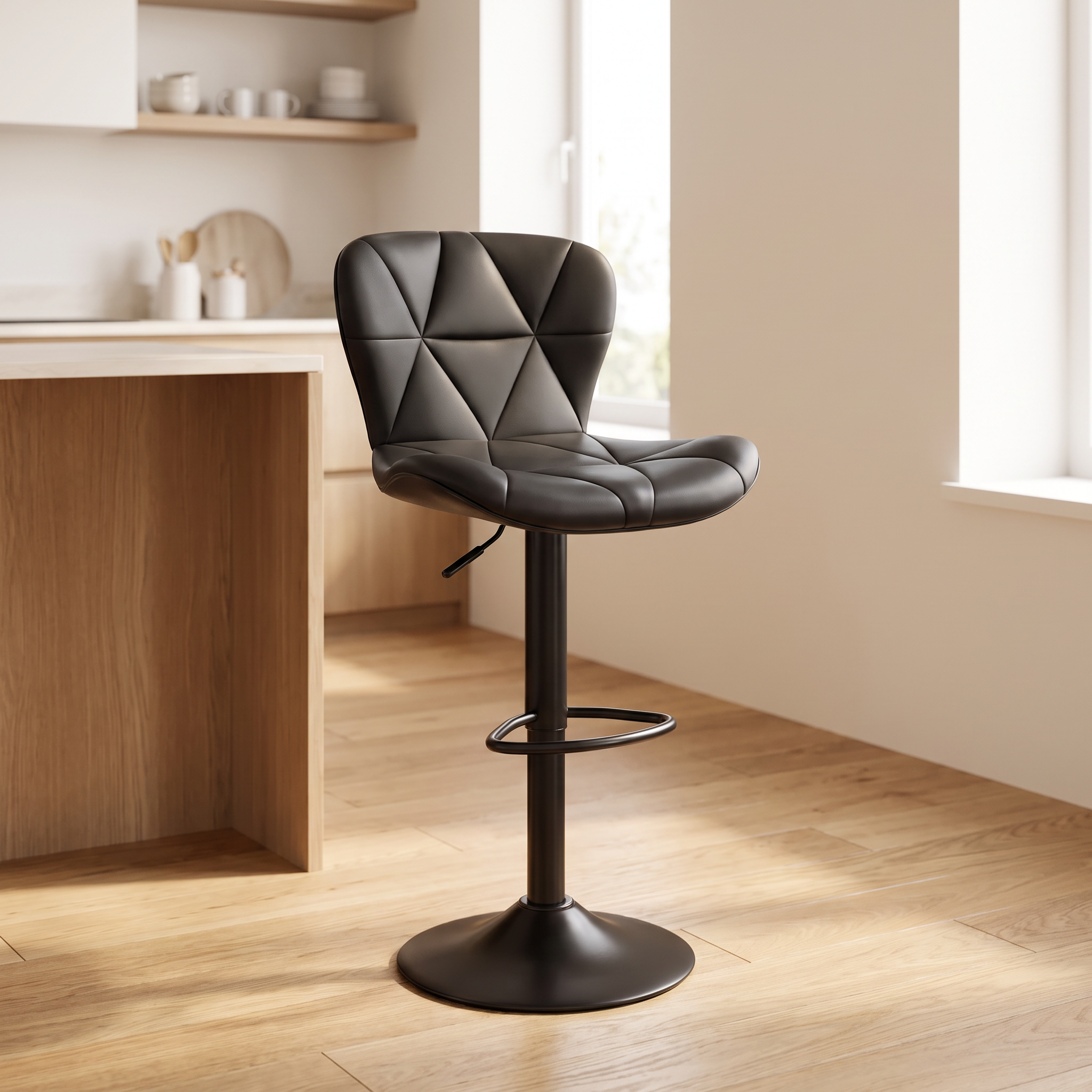 Rowan bar stool three quarter view showing the swivel base