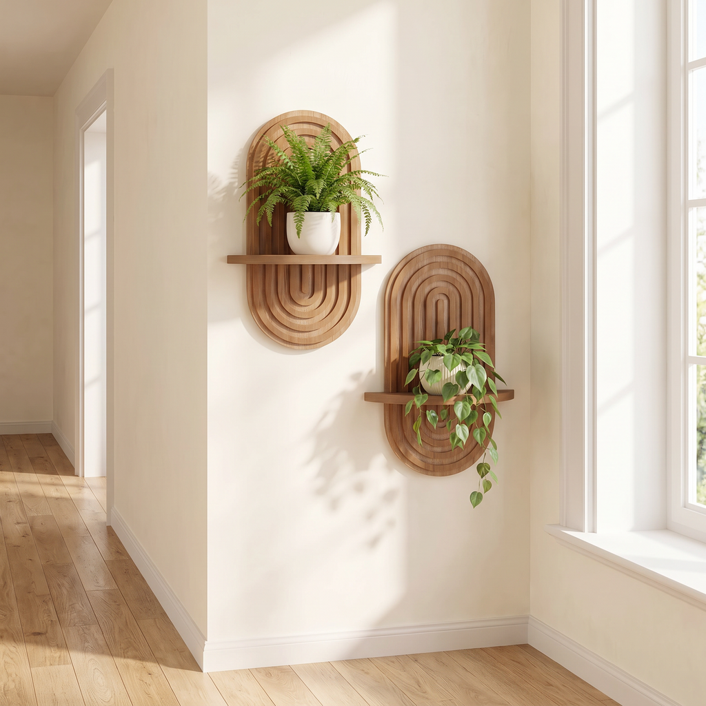 Two Fernwood shelves staggered on a hallway wall
