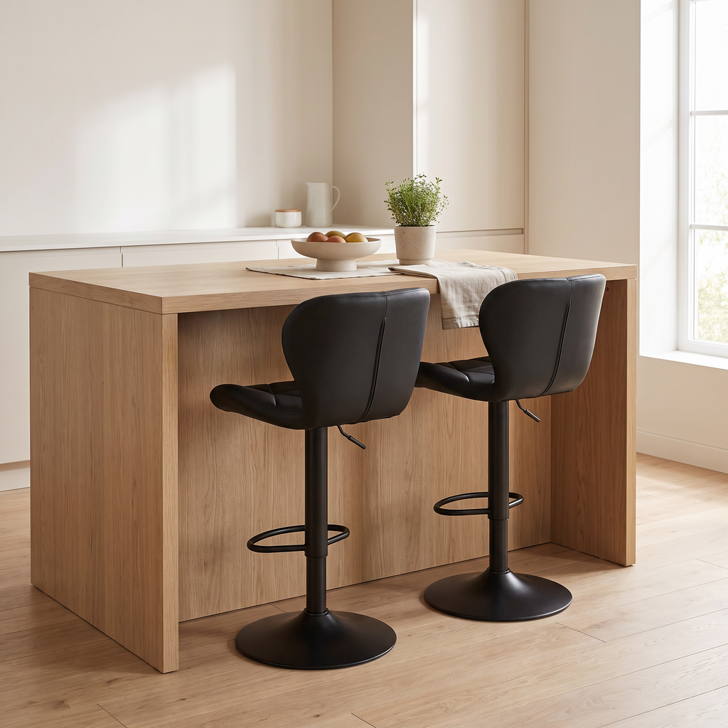 Two Rowan bar stools at a light oak kitchen island