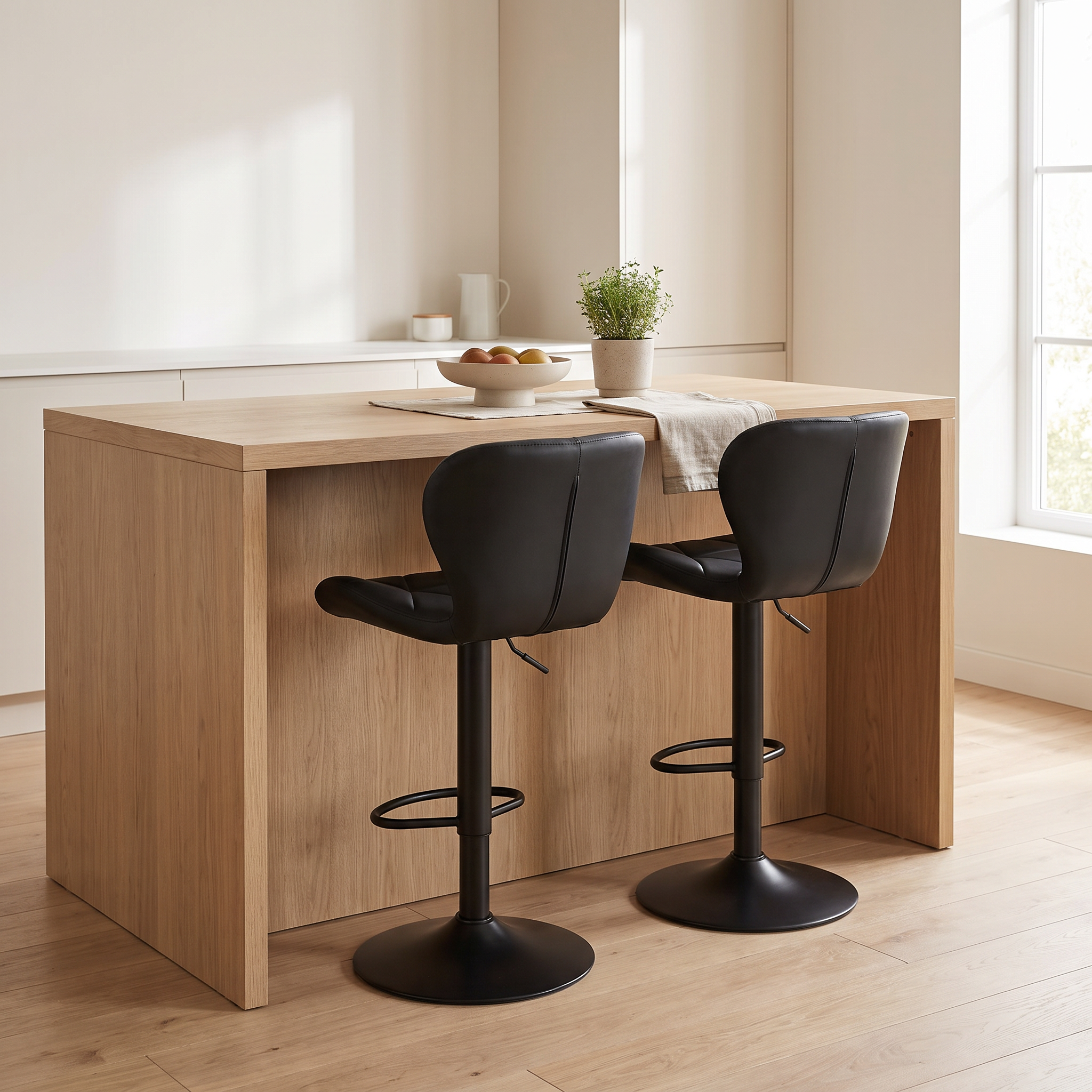 Two Rowan bar stools at a light oak kitchen island