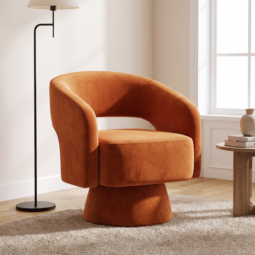 Solene velvet chair in a living room corner beside a floor lamp