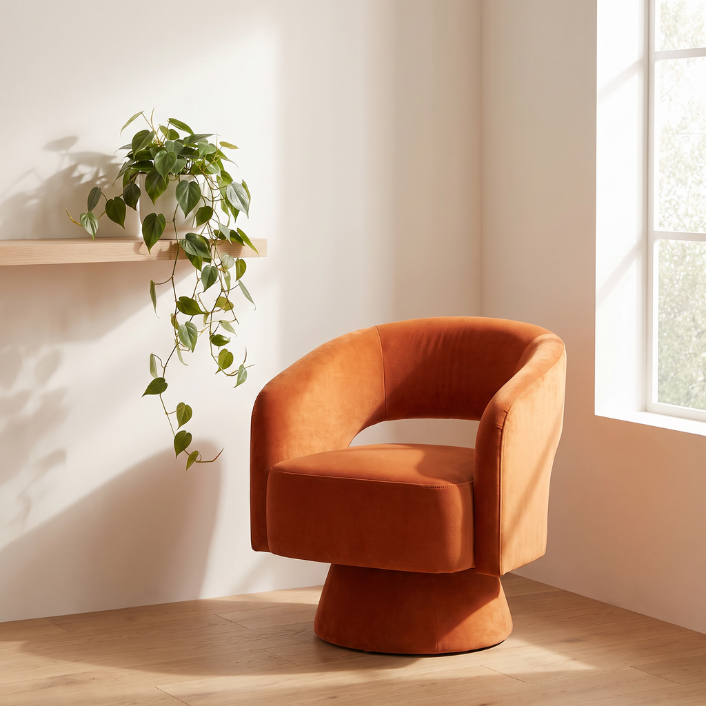Solene velvet chair beside a window with soft daylight