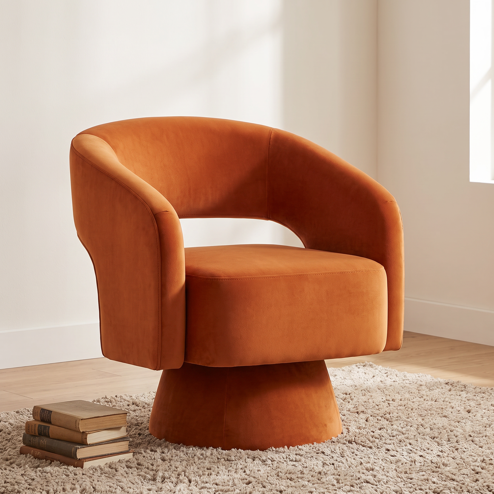 Solene velvet chair in a reading corner on a plush rug