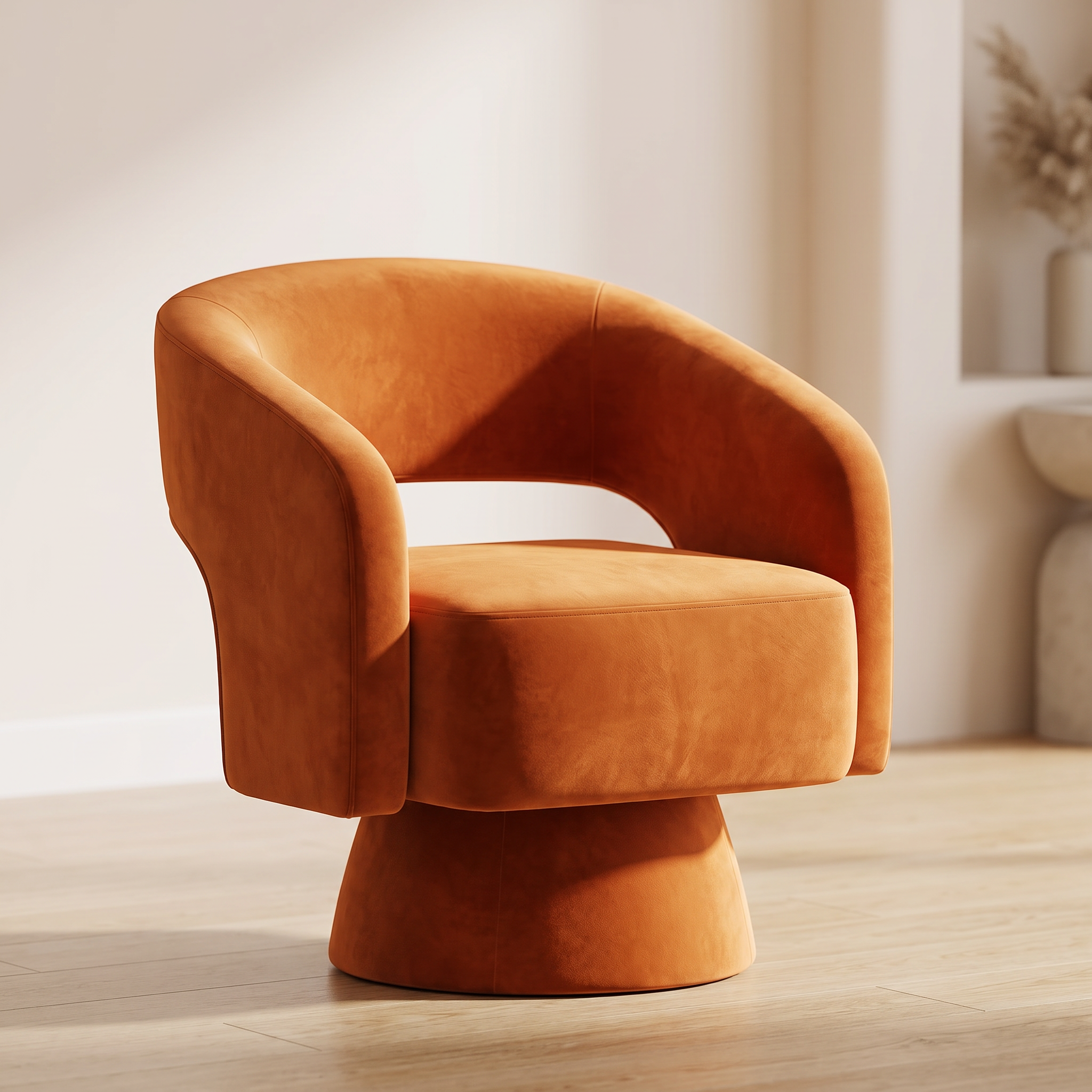 Solene velvet chair low angle showing the swivel base