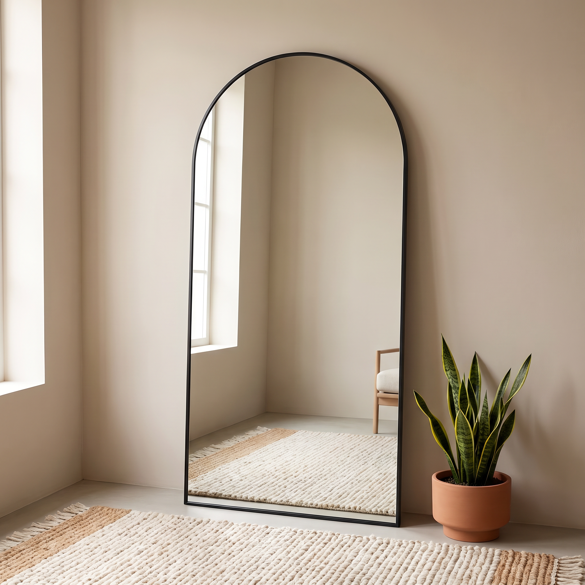 Aurella arched floor mirror in a modern living room