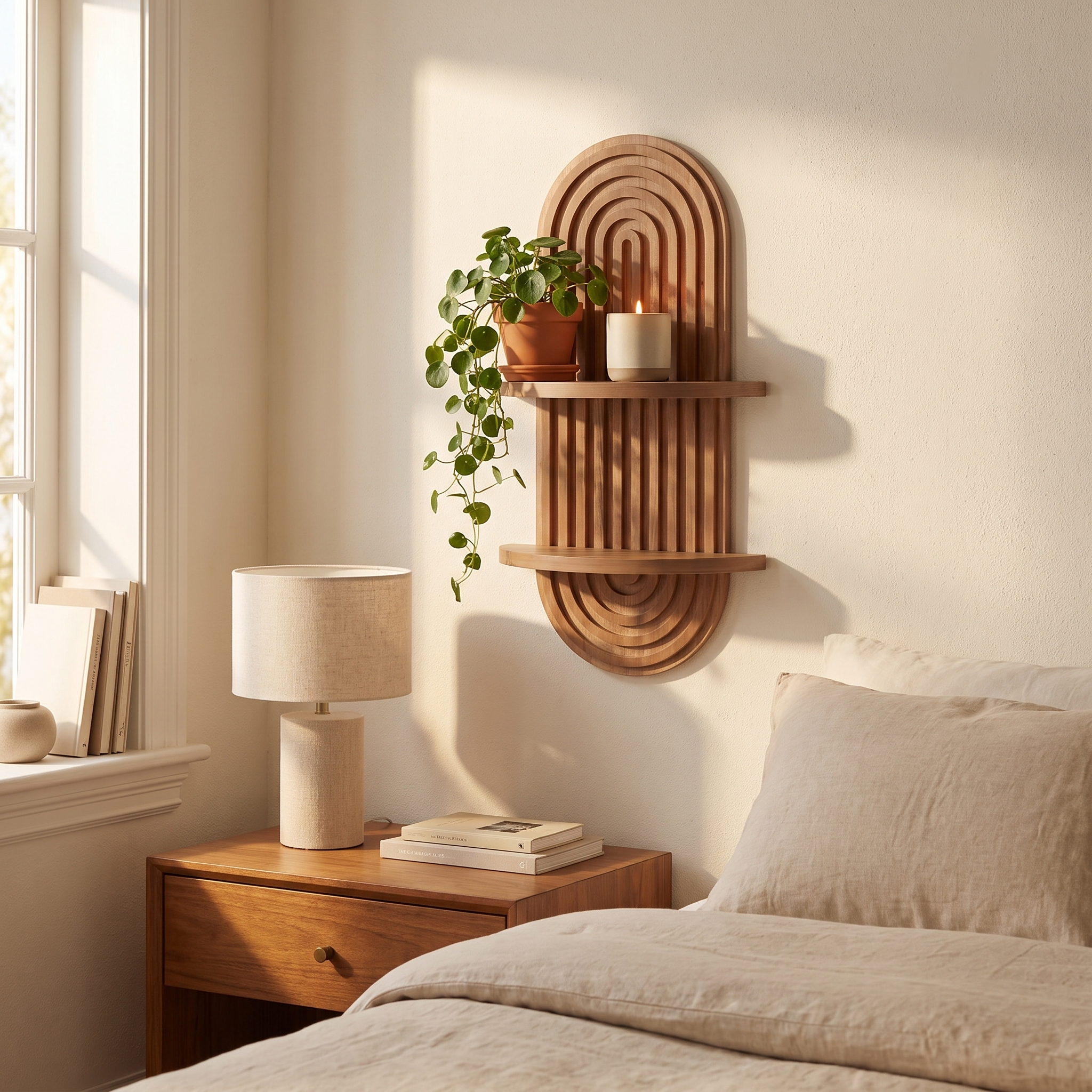 Fernwood shelf above a bedroom nightstand with a small plant