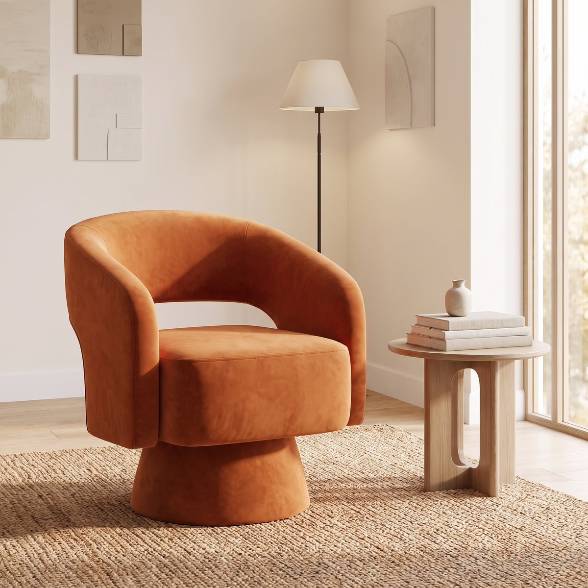 Solene velvet chair by a window in a neutral living room