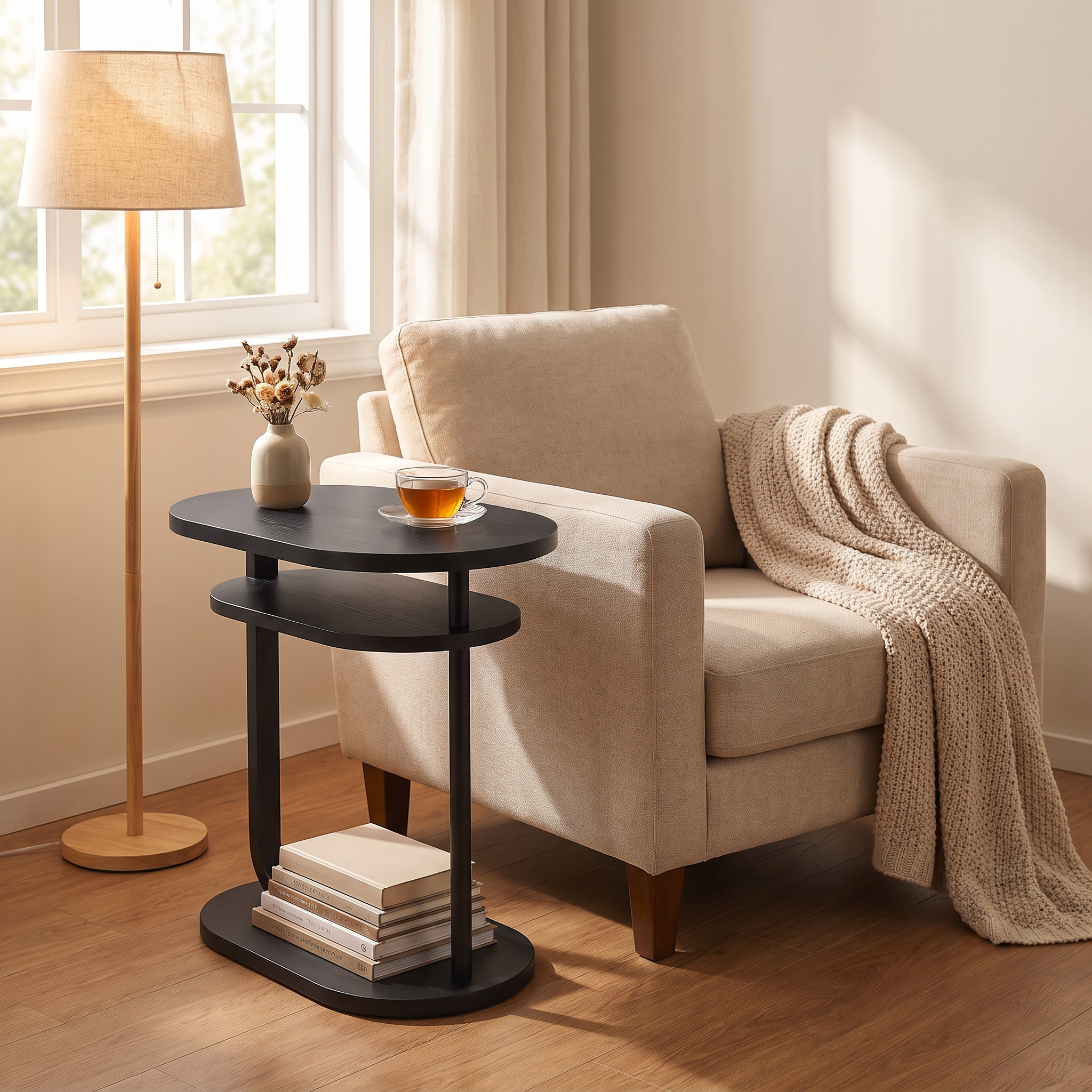 Aldon side table in a bright reading corner