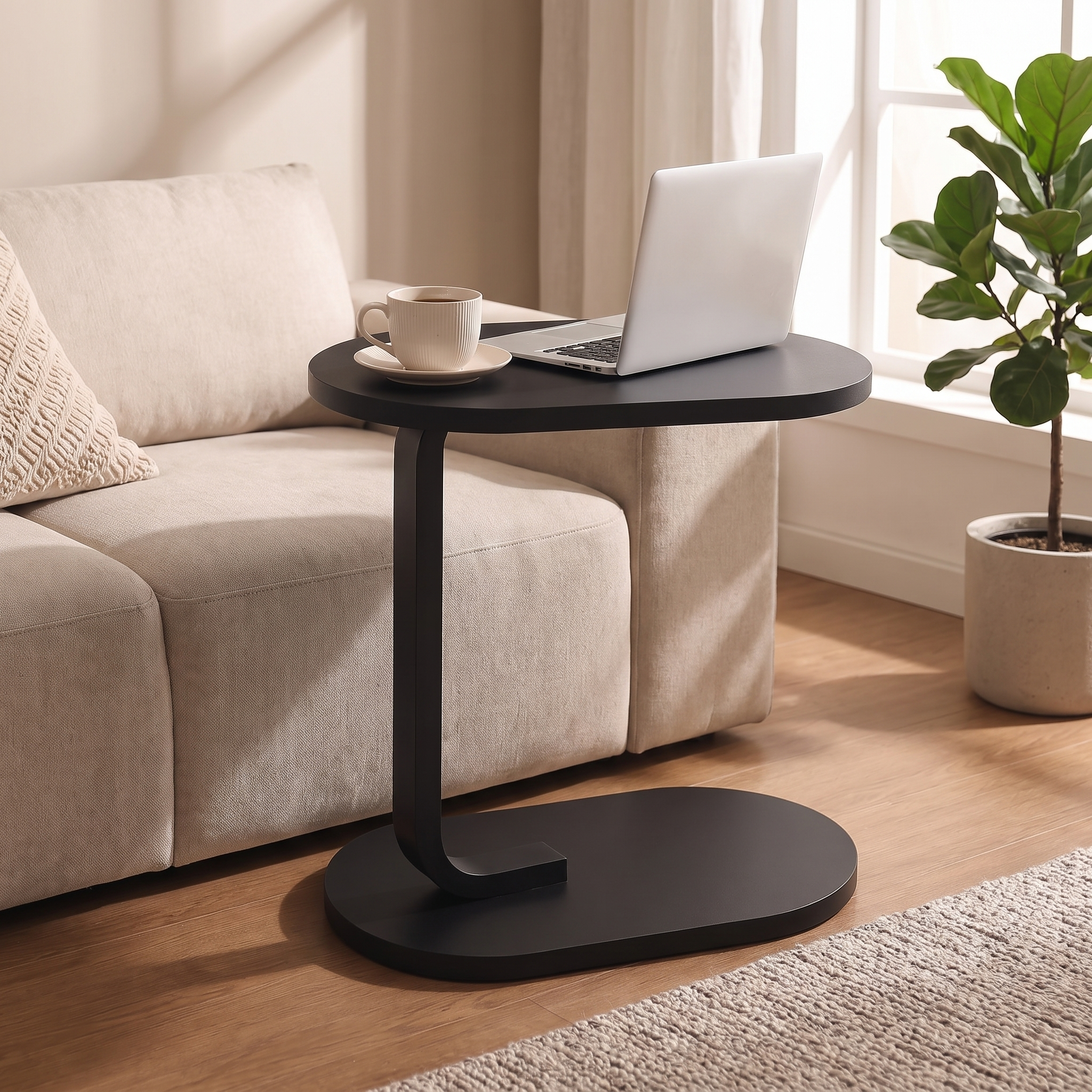 Aldon side table beside a linen sofa with a laptop on top