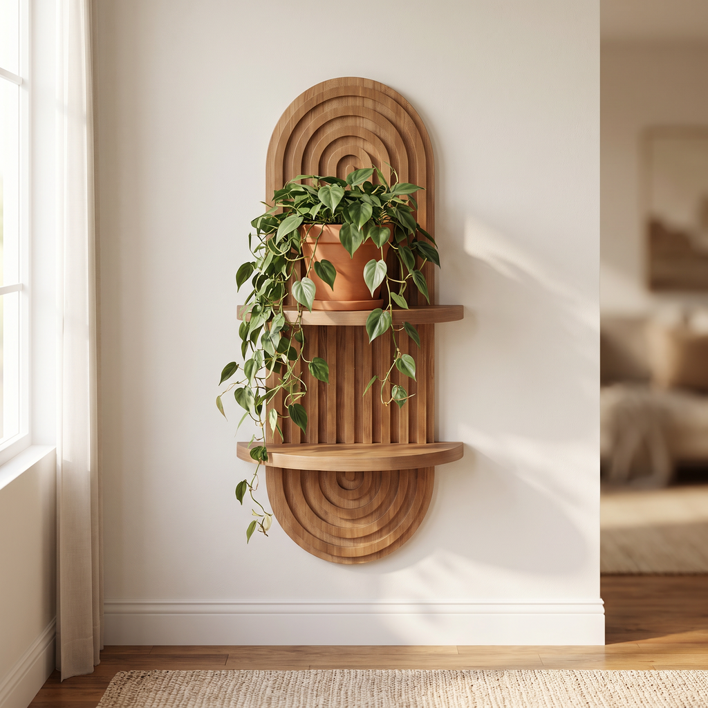 Fernwood floating plant shelf on a living room wall with a trailing plant