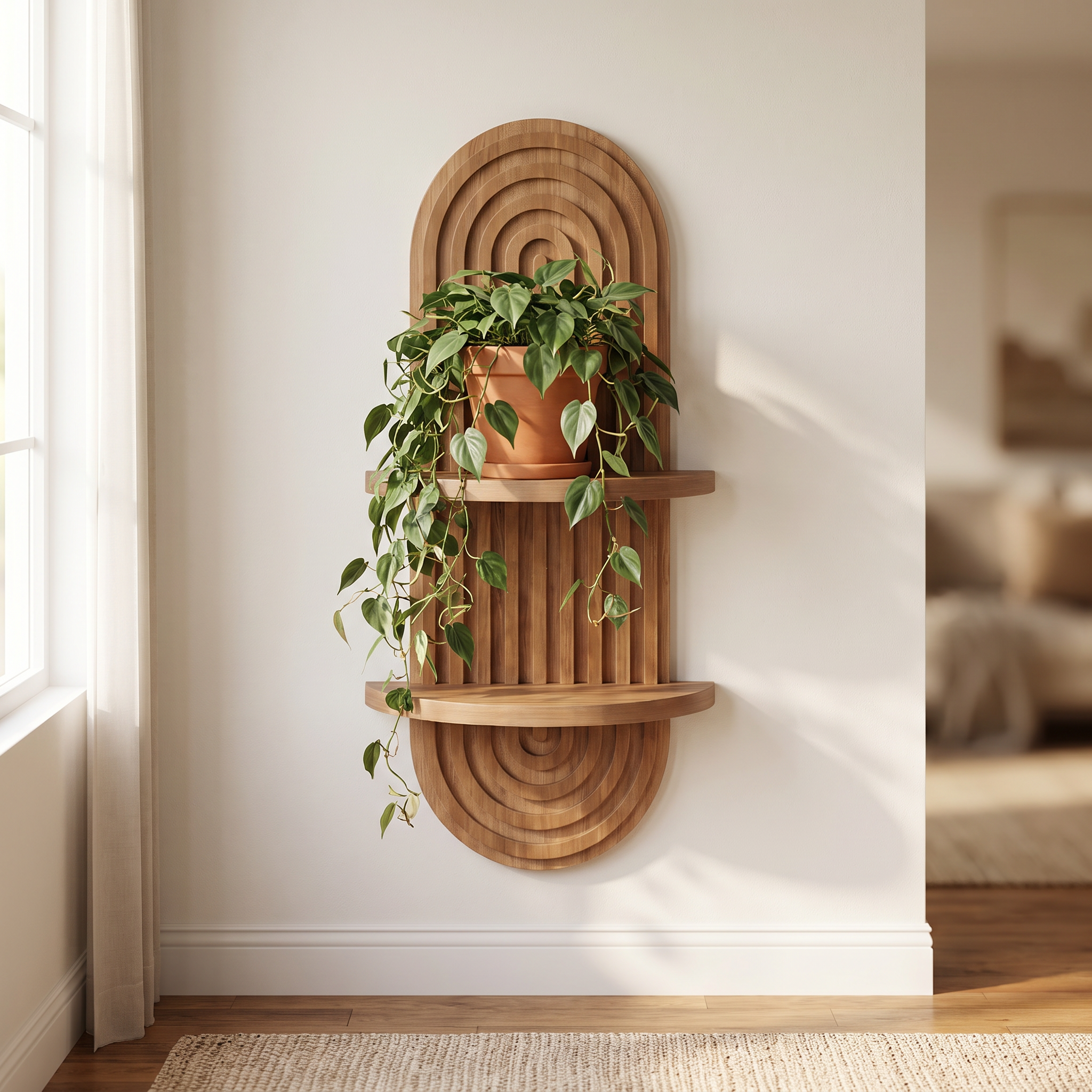 Fernwood floating plant shelf on a living room wall with a trailing plant