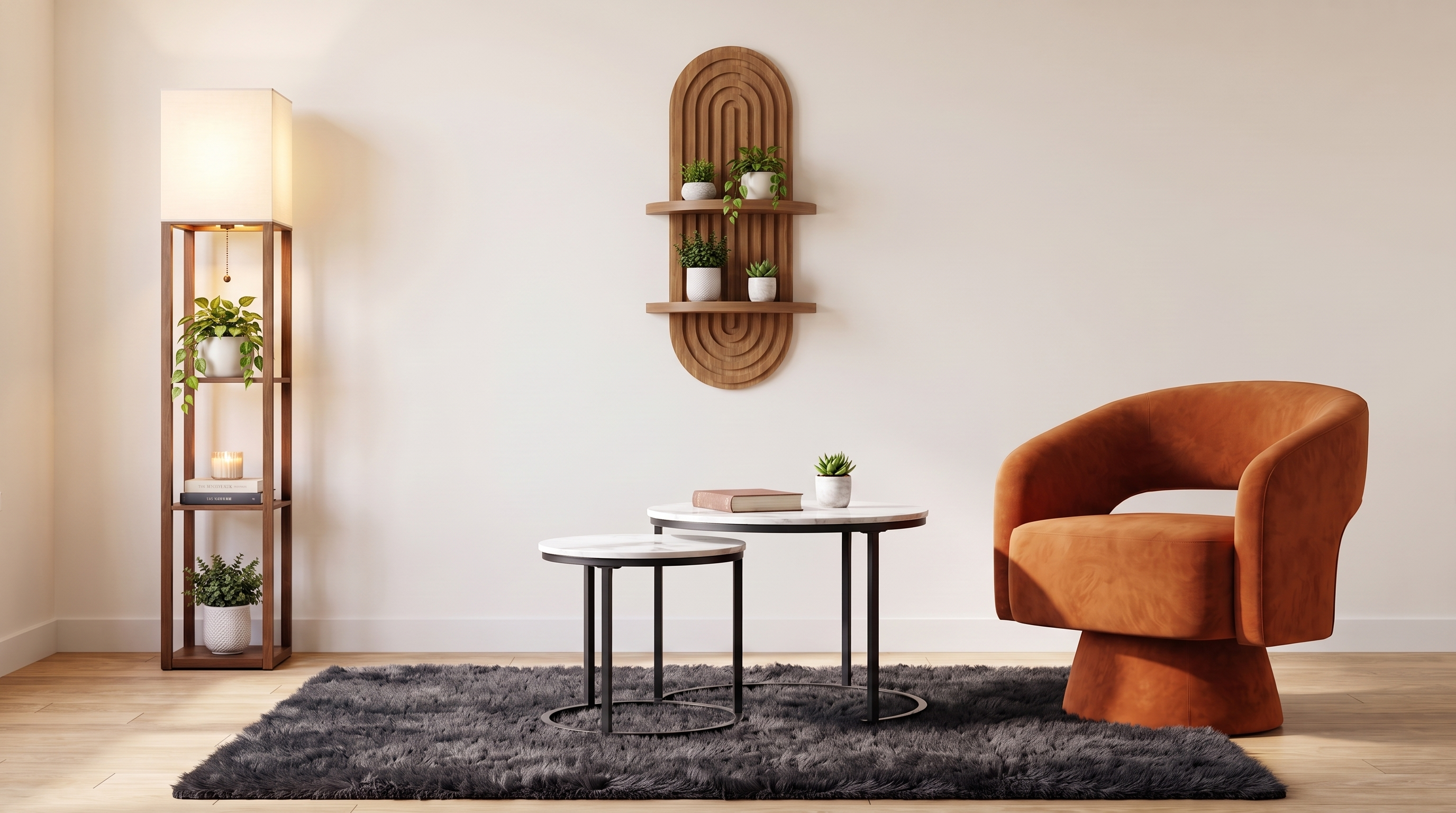 Living room with Decorlr swivel chair, nesting tables, floor lamp, rug and floating plant shelf