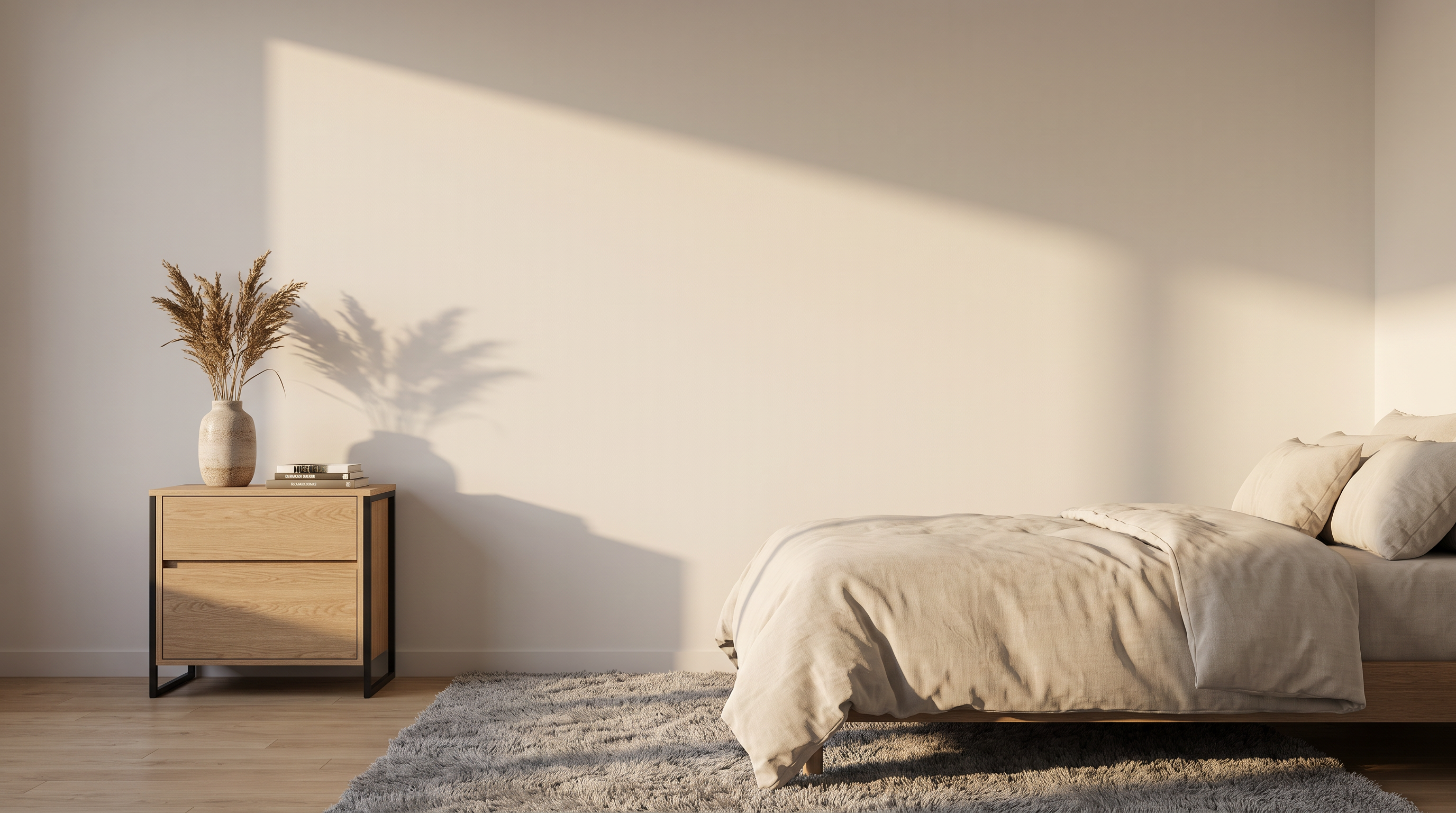 Norvani brand banner, quiet modern bedroom corner