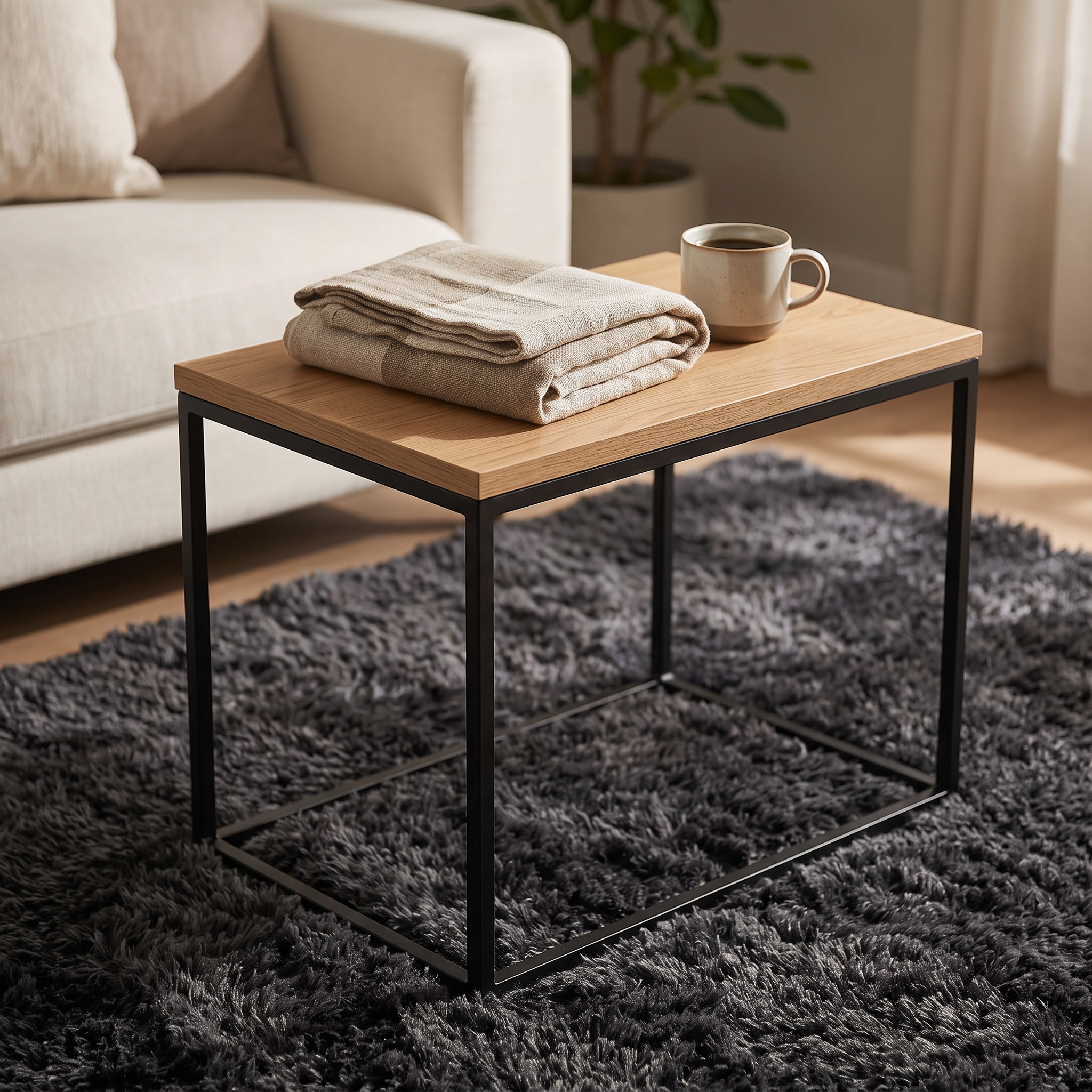 Norvani living room detail, wood and matte black